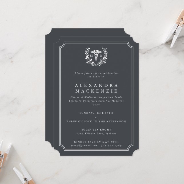 Grey/White MD Caduceus Graduation Invitation (Front/Back In Situ)