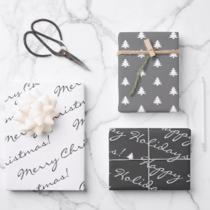 Grey White Merry Christmas Happy Holidays Trees  W Wrapping Paper Sheet