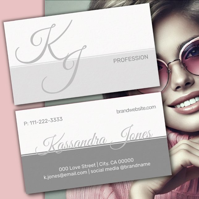 Grey White Minimalist Handlettering Font Initials Business Card (Creator Uploaded)