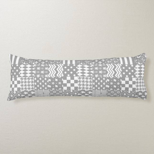Grey White Mixed Patterns Patchwork Design  Body Cushion (Front)
