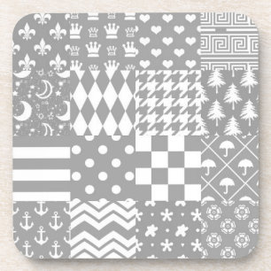 Grey White Mixed Patterns Patchwork Design Coaster