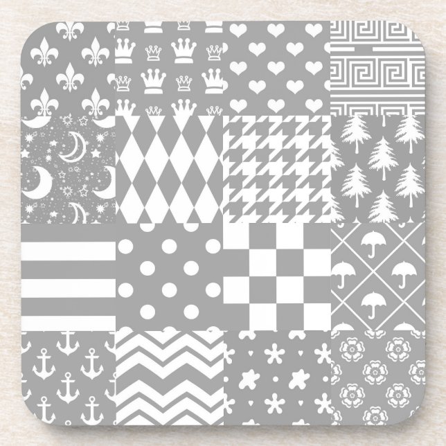Grey White Mixed Patterns Patchwork Design  Coaster (Front)