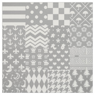 Grey White Mixed Patterns Patchwork Design Fabric