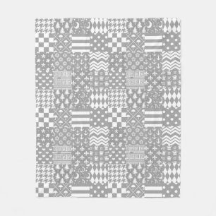 Grey White Mixed Patterns Patchwork Design Fleece Blanket