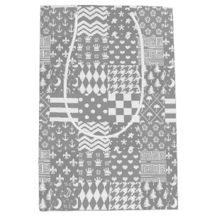 Grey White Mixed Patterns Patchwork Design Medium Gift Bag