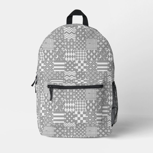 Grey White Mixed Patterns Patchwork Design  Printed Backpack (Front)