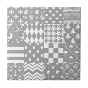 Grey White Mixed Patterns Patchwork Design Tile