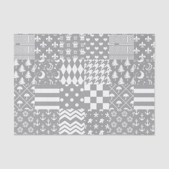 Grey White Mixed Patterns Patchwork Design  Tissue Paper (Front)