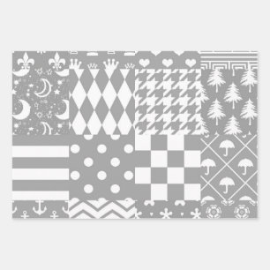Grey White Mixed Patterns Patchwork Design Wrapping Paper Sheet