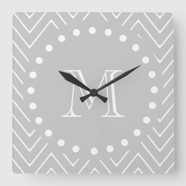 Grey & White Modern Chevron Custom Monogram Square Wall Clock (Front)