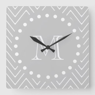 Grey & White Modern Chevron Custom Monogram Square Wall Clock
