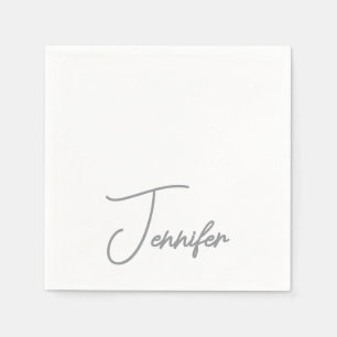 Grey White Modern Minimalist Handwriting Name Napkin