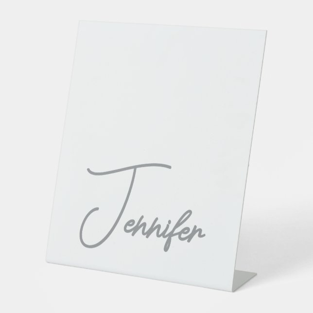 Grey White Modern Minimalist Handwriting Name Pedestal Sign (Front)