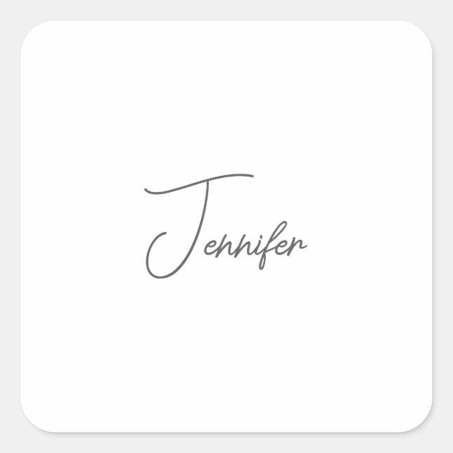 Grey White Modern Minimalist Handwriting Name Square Sticker (Front)