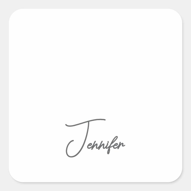 Grey White Modern Minimalist Handwriting Name Square Sticker (Front)