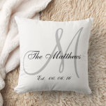 Grey White Monogram Family Newlywed Keepsake Cushion<br><div class="desc">Personalised grey and white monogrammed pillow with your family's last name and wedding date in a script font overlay design on a white background. Elke Clarke© Available at www.zazzle.com/monogramgallery. Makes a great gift for newly weds or a family. Great trendy, elegant accessory for your bedroom, favourite chair, as fun home...</div>