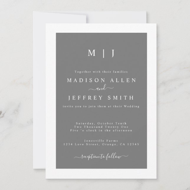 Grey White Monogram Minimalist Wedding Invitation (Front)