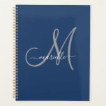 Grey White Monogram Navy Blue Planner<br><div class="desc">Personalised grey and white monogrammed planner with a script font on a navy blue background. Simple elegance.</div>