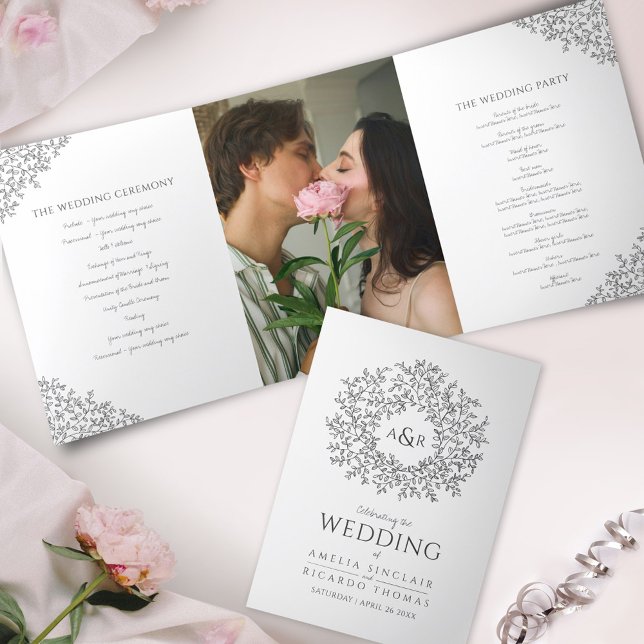 Grey white monogram photo wedding Tri-Fold programme (Creator Uploaded)