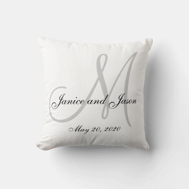 Grey White Monogram Wedding Cushion (Front)
