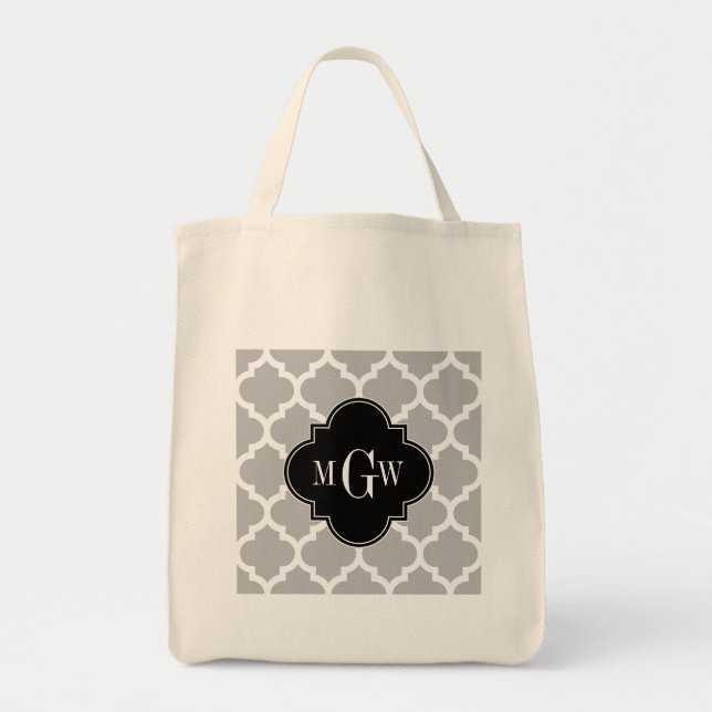 Grey White Moroccan #5 Black 3 Initial Monogram Tote Bag (Front)
