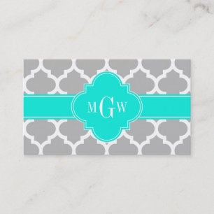 Grey White Moroccan #5 Brt Aqua 3 Initial Monogram Business Card