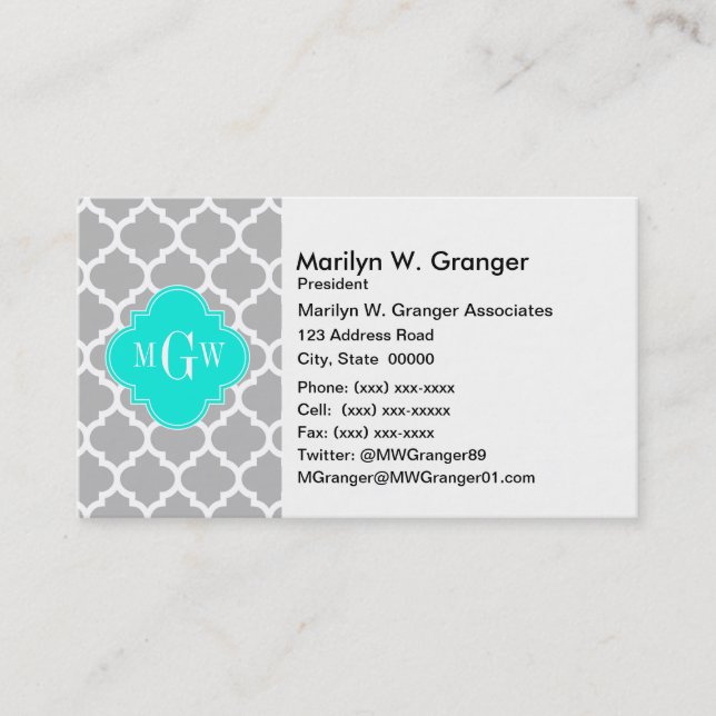 Grey White Moroccan #5 Brt Aqua 3 Initial Monogram Business Card (Front)