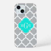 Grey White Moroccan #5 Brt Aqua 3 Initial Monogram