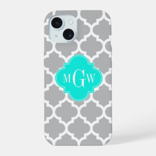 Grey White Moroccan #5 Brt Aqua 3 Initial Monogram iPhone 15 Case