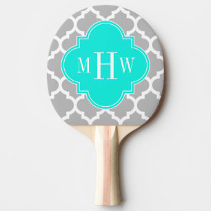 Grey White Moroccan #5 Brt Aqua 3 Initial Monogram Ping Pong Paddle