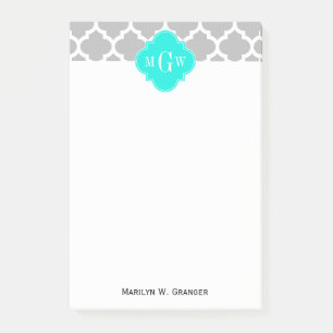 Grey White Moroccan #5 Brt Aqua 3 Initial Monogram Post-it Notes