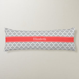 Grey White Moroccan #5 Coral Red Name Monogram Body Cushion