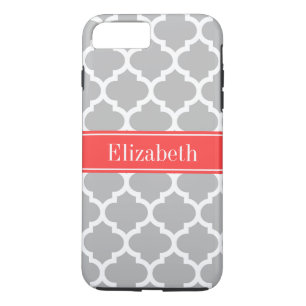 Grey White Moroccan #5 Coral Red Name Monogram Case-Mate iPhone Case