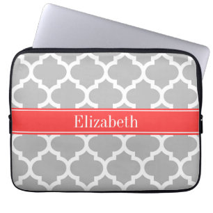 Grey White Moroccan #5 Coral Red Name Monogram Laptop Sleeve