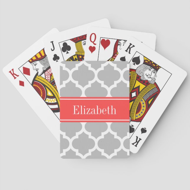 Grey White Moroccan #5 Coral Red Name Monogram Playing Cards (Back)