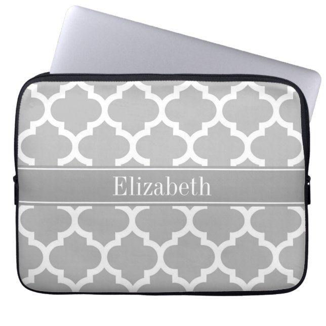 Grey White Moroccan #5 Dark Grey Name Monogram Laptop Sleeve (Front)