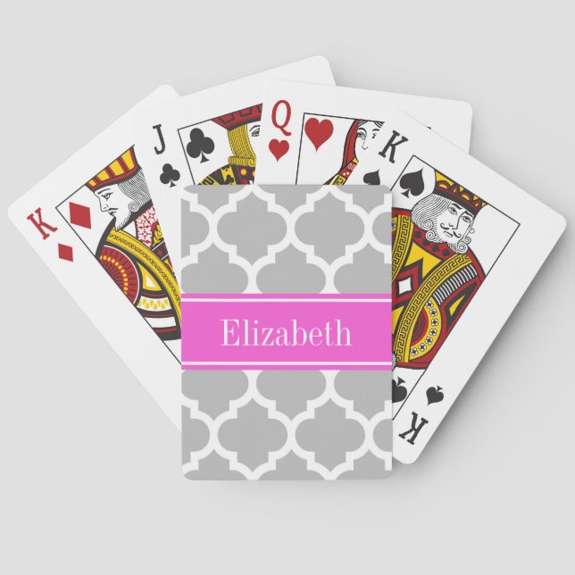 Grey White Moroccan #5 Hot Pink Name Monogram Playing Cards (Back)