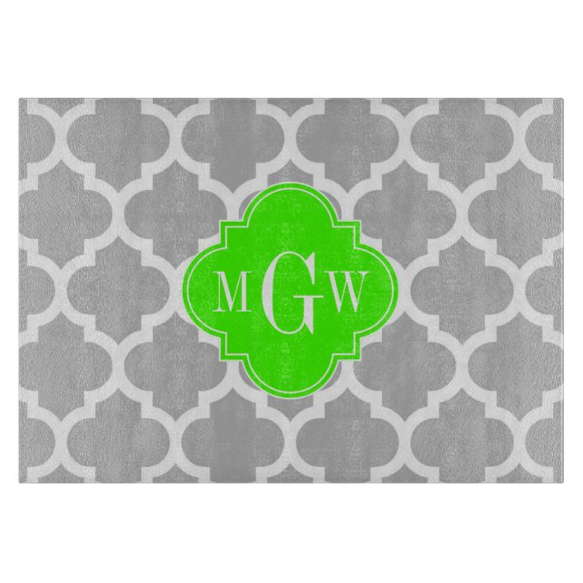 Grey White Moroccan #5 Lime Grn 3 Initial Monogram Cutting Board (Front)