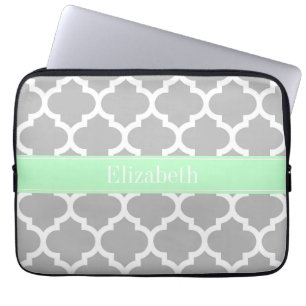 Grey White Moroccan #5 Mint Name Monogram Laptop Sleeve