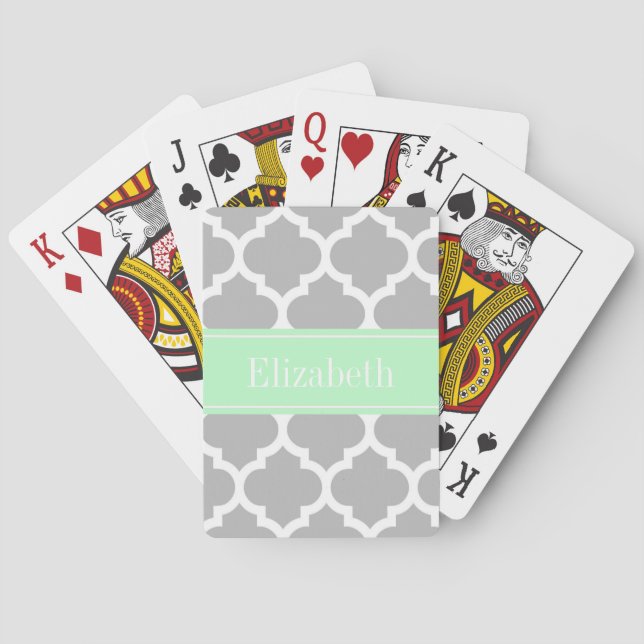 Grey White Moroccan #5 Mint Name Monogram Playing Cards (Back)