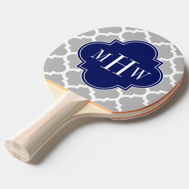 Grey White Moroccan #5 Navy 3 Initial Monogram Ping Pong Paddle (Front Angle)