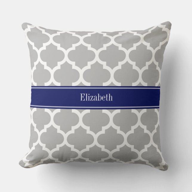 Grey White Moroccan #5 Navy Blue Name Monogram Cushion (Front)