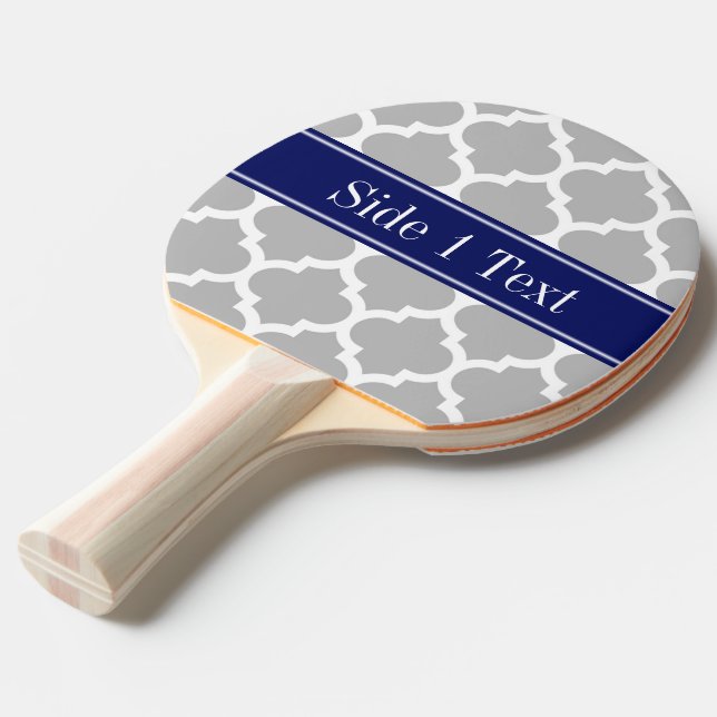 Grey White Moroccan #5 Navy Blue Name Monogram Ping Pong Paddle (Front Angle)