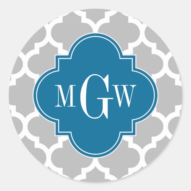 Grey White Moroccan #5 Peacock 3 Initial Monogram Classic Round Sticker (Front)