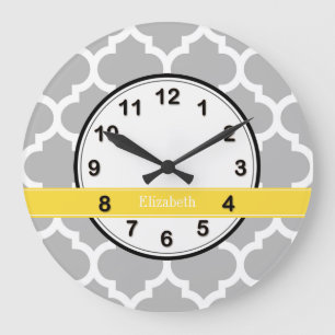 Grey White Moroccan #5 Pineapple Name Monogram Large Clock