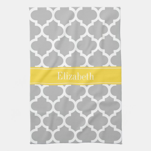 Grey White Moroccan #5 Pineapple Name Monogram Tea Towel (Vertical)