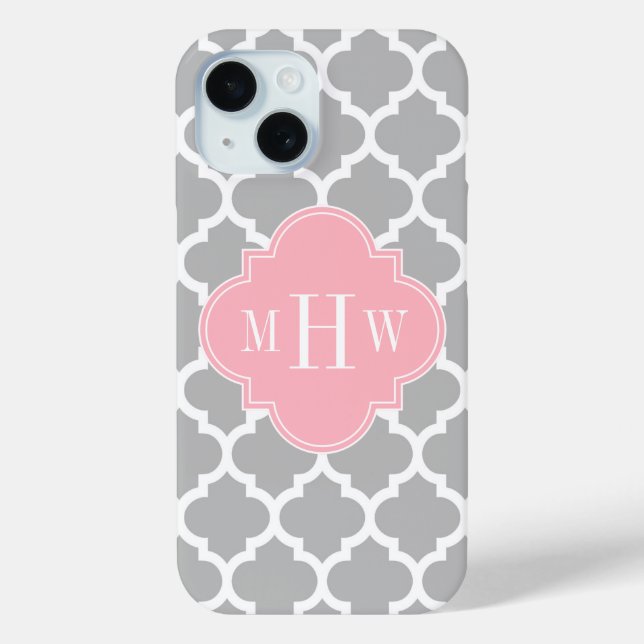 Grey White Moroccan #5 Pink 3 Initial Monogram Case-Mate iPhone Case (Back)