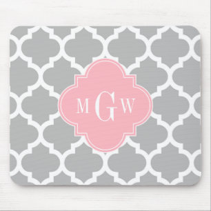 Grey White Moroccan #5 Pink 3 Initial Monogram Mouse Pad