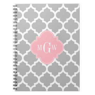 Grey White Moroccan #5 Pink 3 Initial Monogram Spiral Notebook