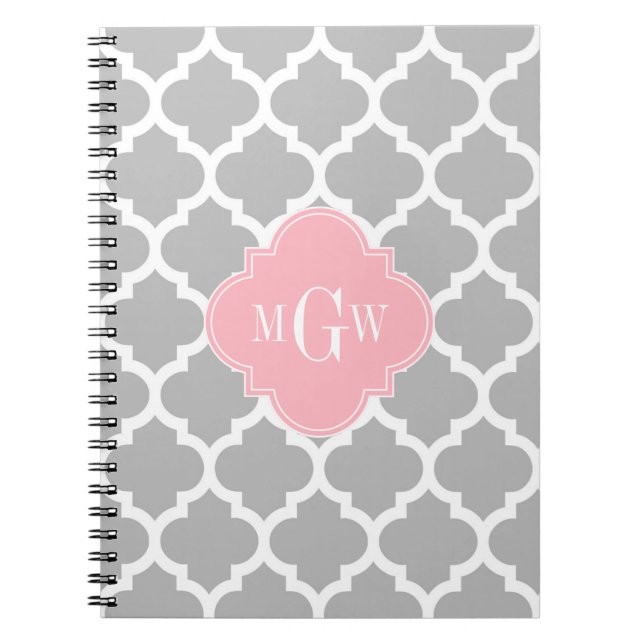 Grey White Moroccan #5 Pink 3 Initial Monogram Spiral Notebook (Front)